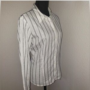 In Vain Button Down Blouse Women's Large White Black Silver Striped Long Sleeve